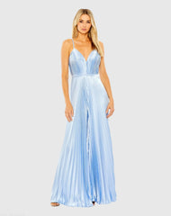 Light Blue Pleated Plunge Neck Wide Leg Jumpsuit