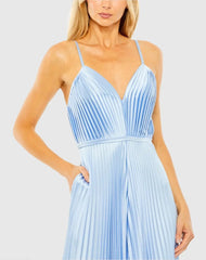 Light Blue Pleated Plunge Neck Wide Leg Jumpsuit