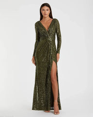 Olive Sequined Long Sleeve Gown