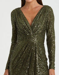 Olive Sequined Long Sleeve Gown