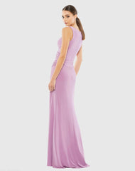 Purple Ruched Stretch Jersey V-Neck Gown