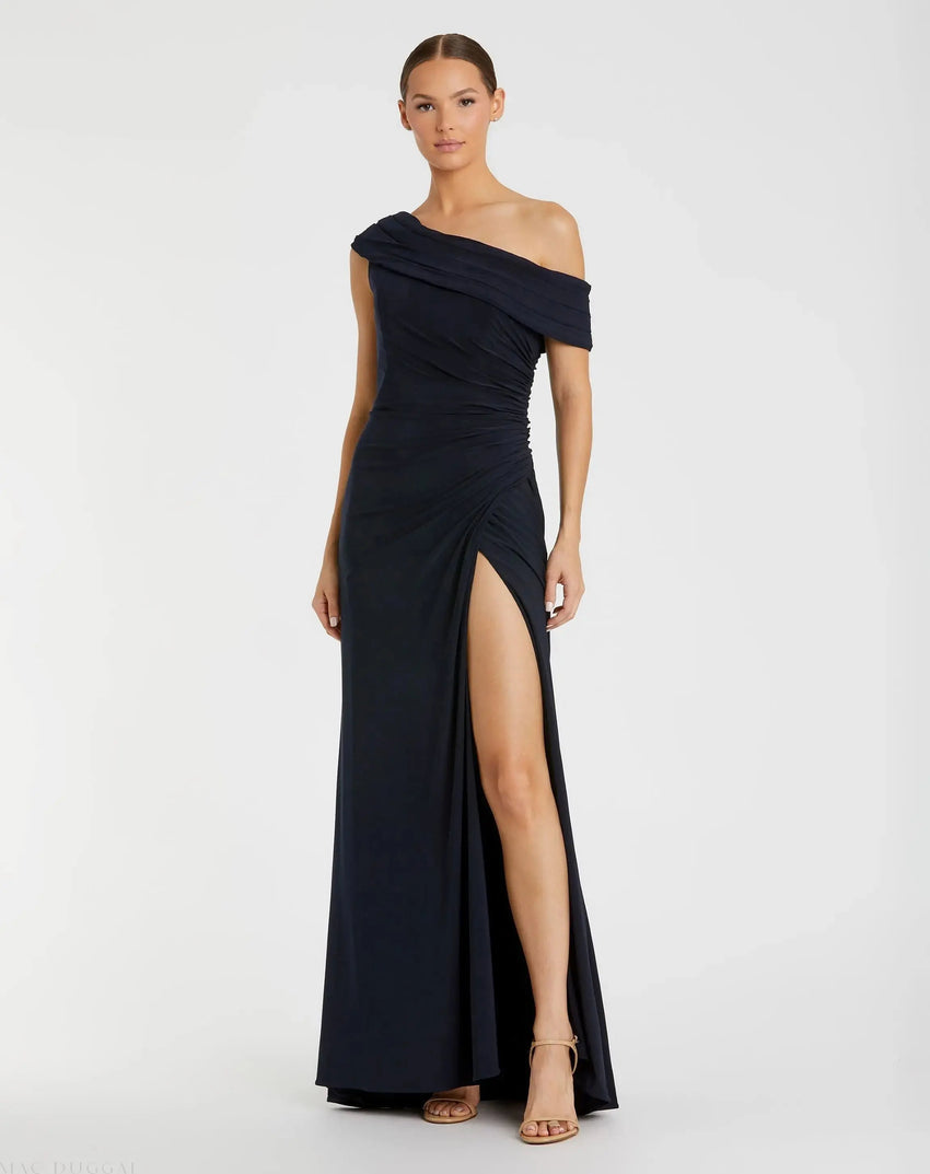Navy Foldover Off-the-Shoulder Slit Gown