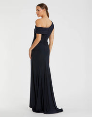 Navy Foldover Off-the-Shoulder Slit Gown