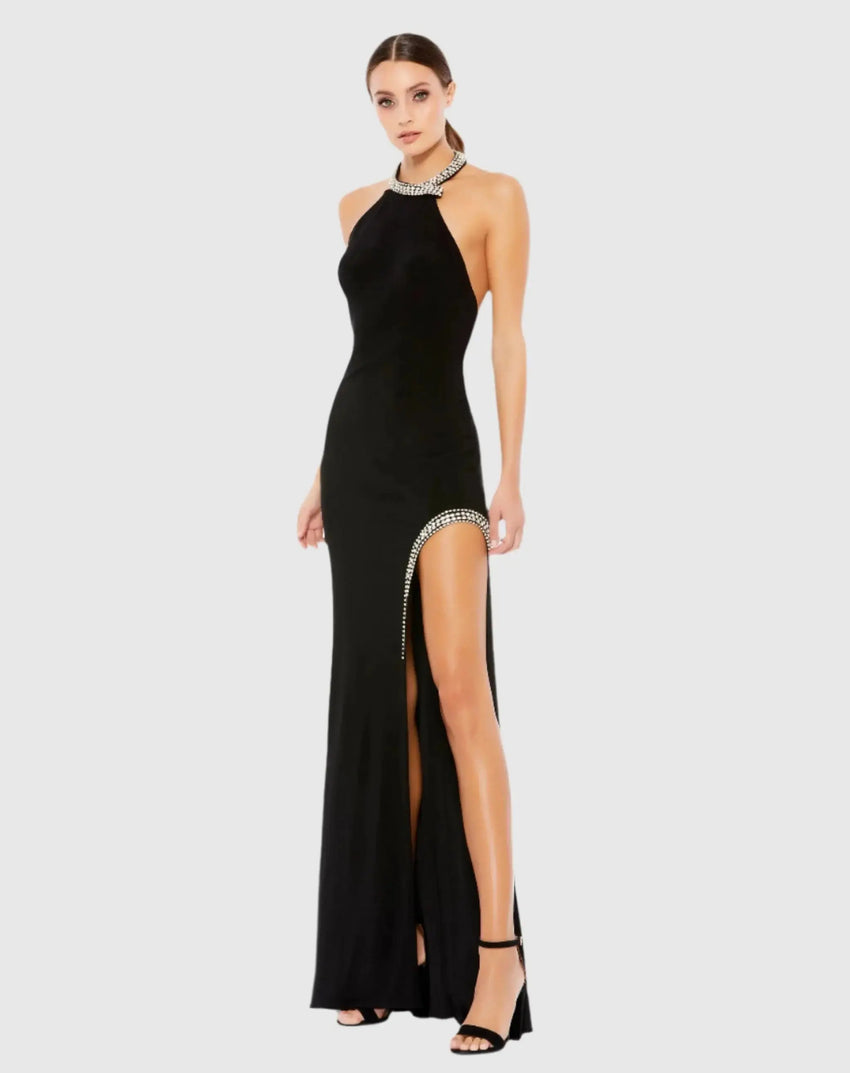 Black Rhinestone Accented Halter Gown