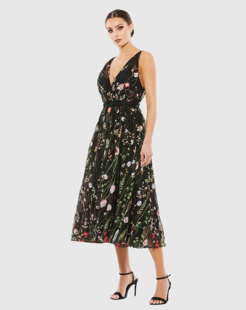 Black Floral Embroidered Midi Dress