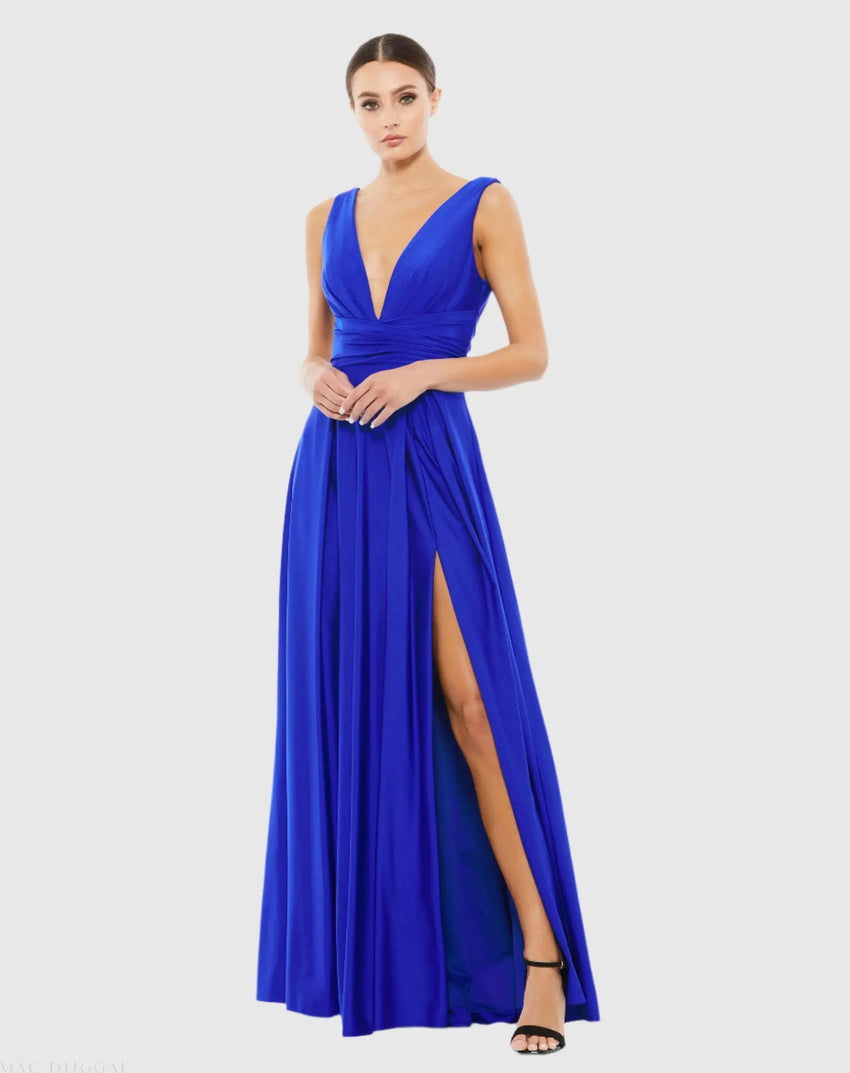 Blue Jersey Plunge Neck Evening Gown