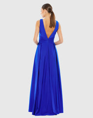 Blue Jersey Plunge Neck Evening Gown