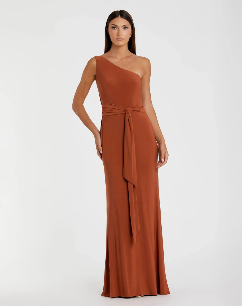 Orange Jersey One Shoulder Belted Trumpet Gown