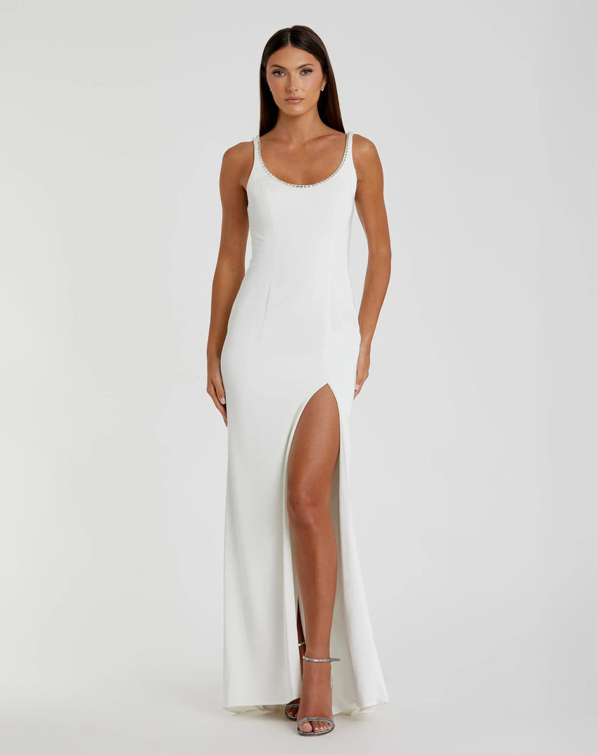 White Sleeveless Crystal Scoop Neckline Column Gown with High Slit