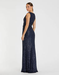 Navy V-Neck Sequin Wrap Waist Gown