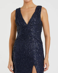 Navy V-Neck Sequin Wrap Waist Gown