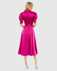 Pink Satin Lapel Puff Sleeve Tea Length Dress