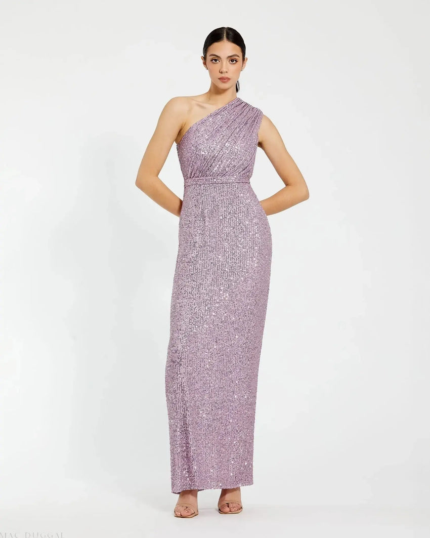 Purple Sequined Ruched One Shoulder Gown