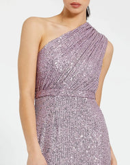 Purple Sequined Ruched One Shoulder Gown