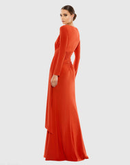 Orange Ruched Long Sleeve Boat Neck Gown