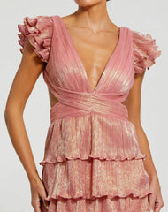 Pink Ruffle Tiered Criss Cross Lace Up Gown