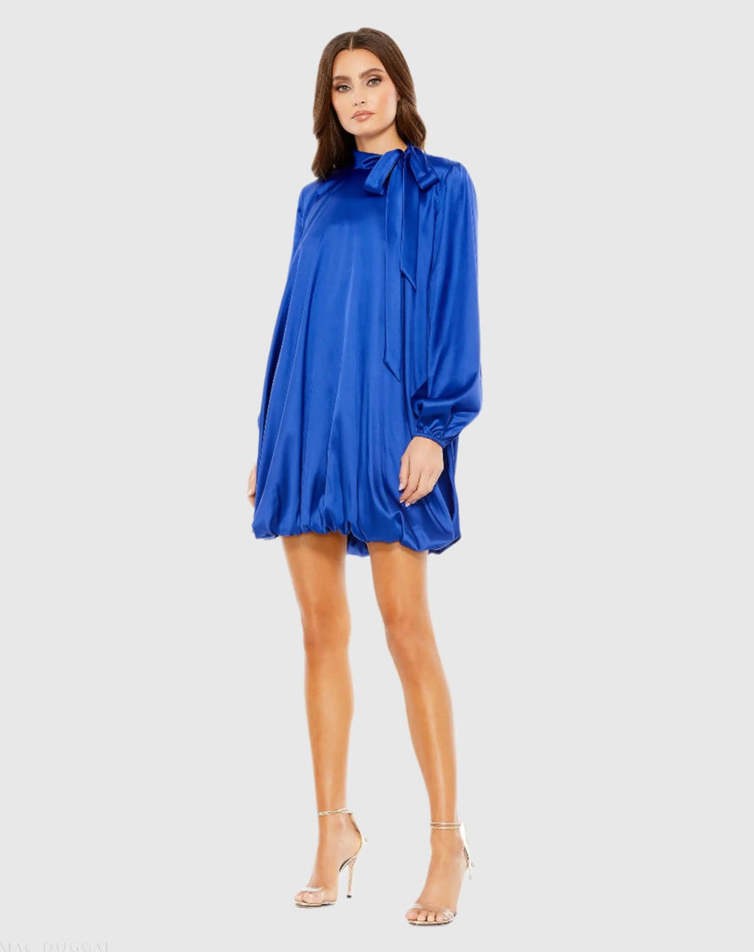 Blue High Neck Long Sleeve Bubble Hem Dress