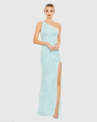 Blue Sequined One Shoulder Draped Back Gown