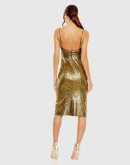 Gold Metallic V Neck Midi Dress