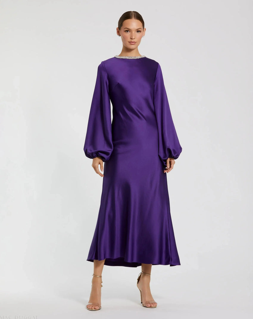 Purple High Neck Long Sleeve Crystal Detail Dress