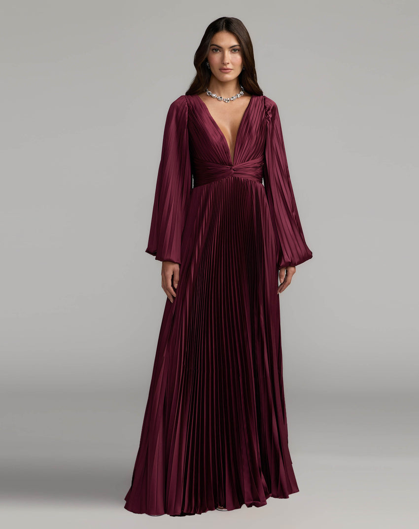 Wine Purple Pleated Satin Long Sleeve Gown