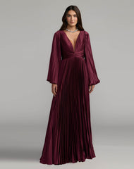 Wine Purple Pleated Satin Long Sleeve Gown