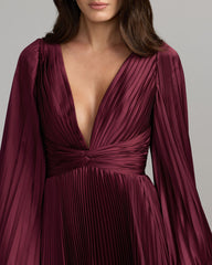 Wine Purple Pleated Satin Long Sleeve Gown