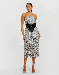 Silver Strapless Paillette Sequin Midi Dress With Bow