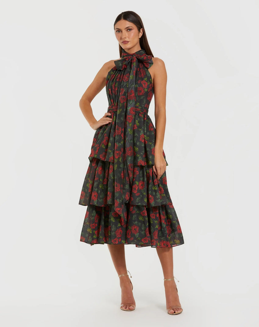 Black Floral Chiffon Tiered Midi Dress with Neck Bow