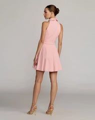 Blush Pleated A-Line Mini Dress With Pearl Buttons