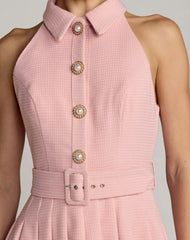 Blush Pleated A-Line Mini Dress With Pearl Buttons