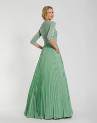 Green Pleated Shimmering 3/4 Sleeve Ball Gown
