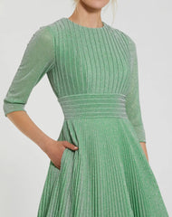 Green Pleated Shimmering 3/4 Sleeve Ball Gown