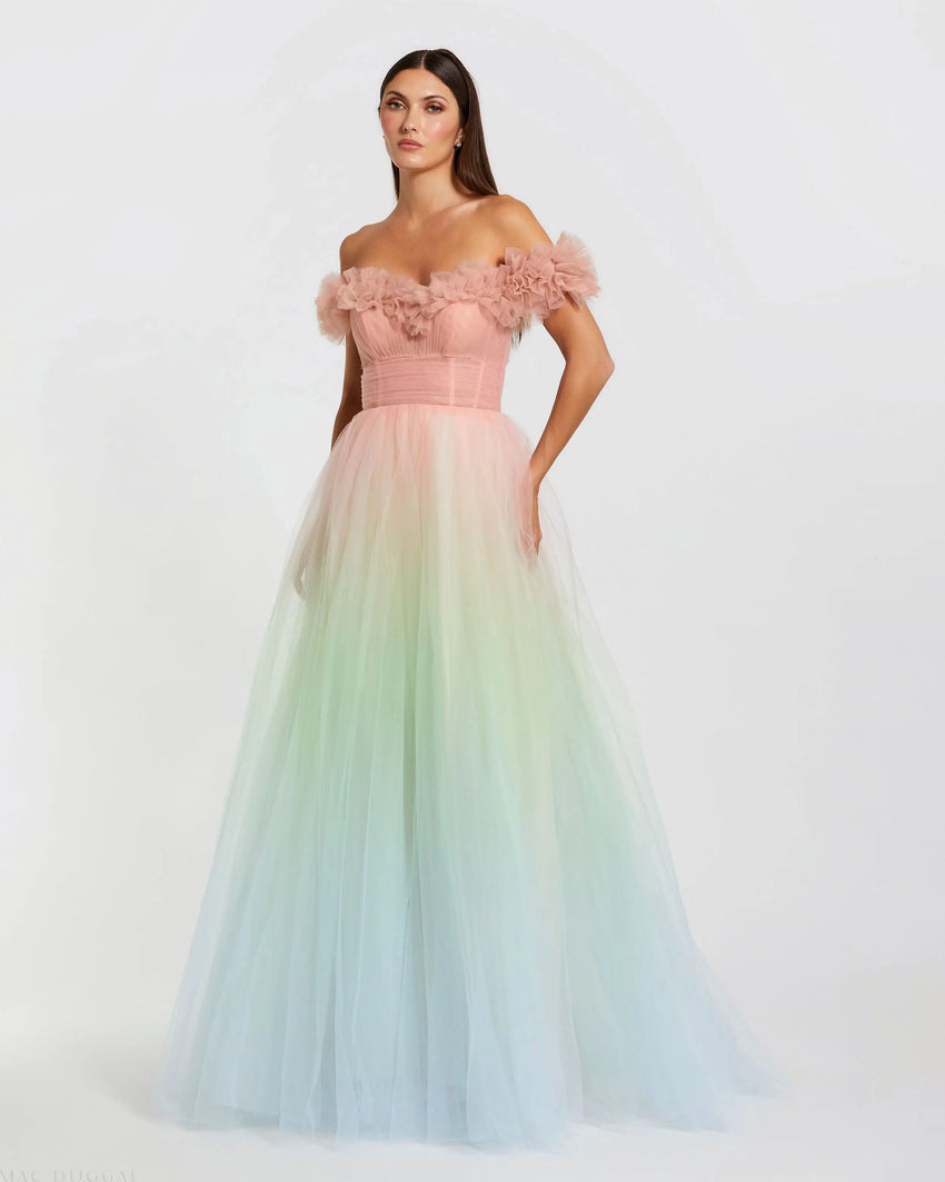 Multicolor Off The Shoulder Ombre Tulle Ballgown