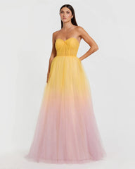 Yellow and Pink Strapless Corset Ombre Tulle Ballgown