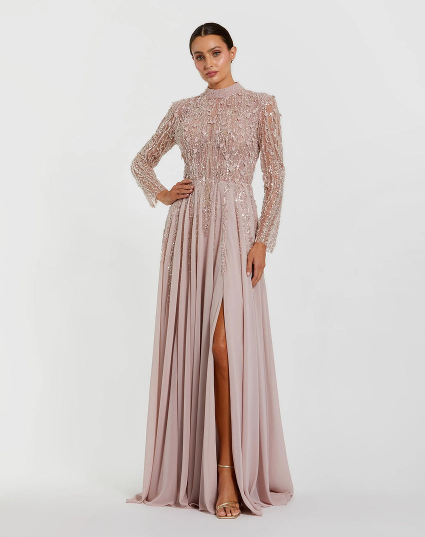 Light Purple Embellished Long Sleeve Gown with Slit