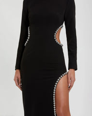Black Crepe Long Sleeve Gown With Beaded Cut Outs