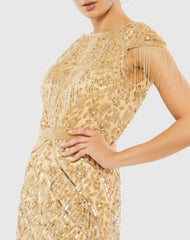 Gold Embellished Fringe Cap Sleeve Trumpet Gown