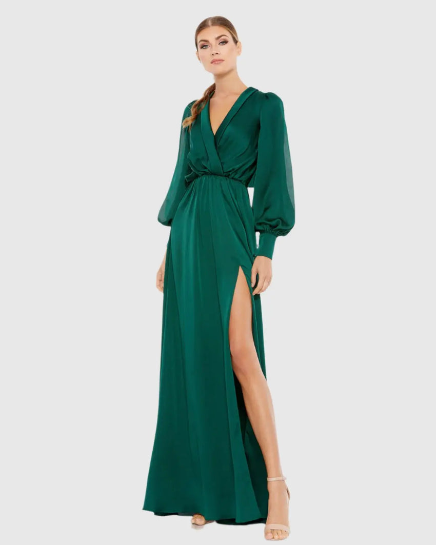Green Bishop Sleeve Faux Wrap Gown