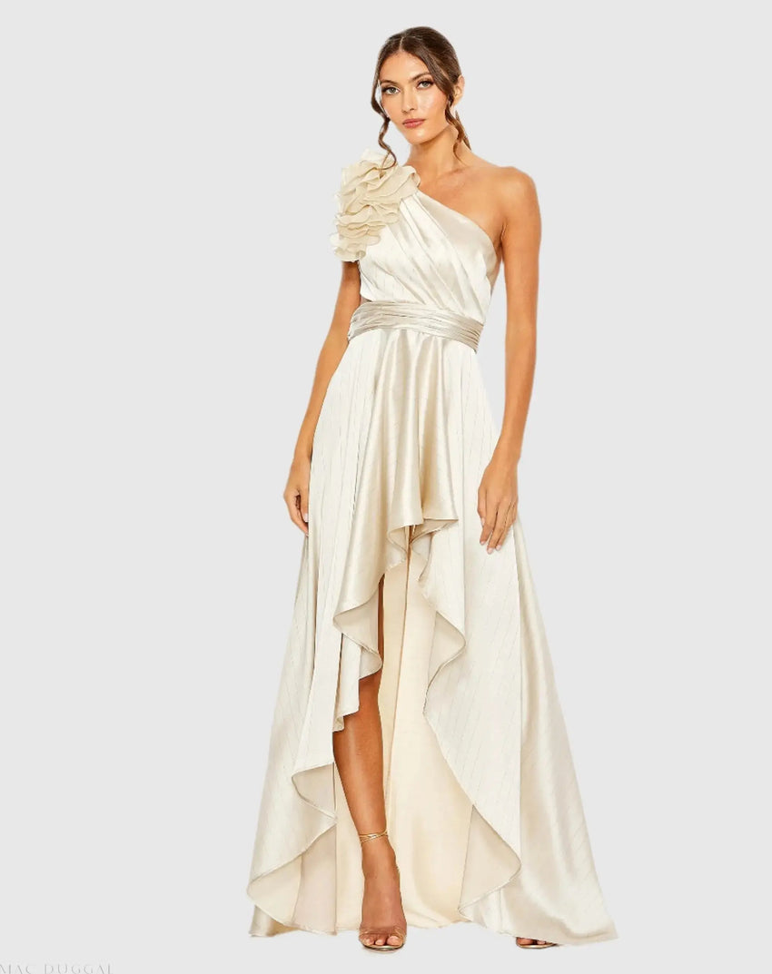 Beige Ruffled One Shoulder Cut Out Hi-Low Gown