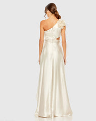 Beige Ruffled One Shoulder Cut Out Hi-Low Gown