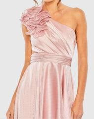 Pink Ruffled One Shoulder Cut Out Hi-Low Gown