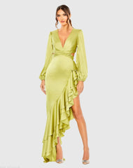 Green Cut Out Asymmetrical Ruffled Gown
