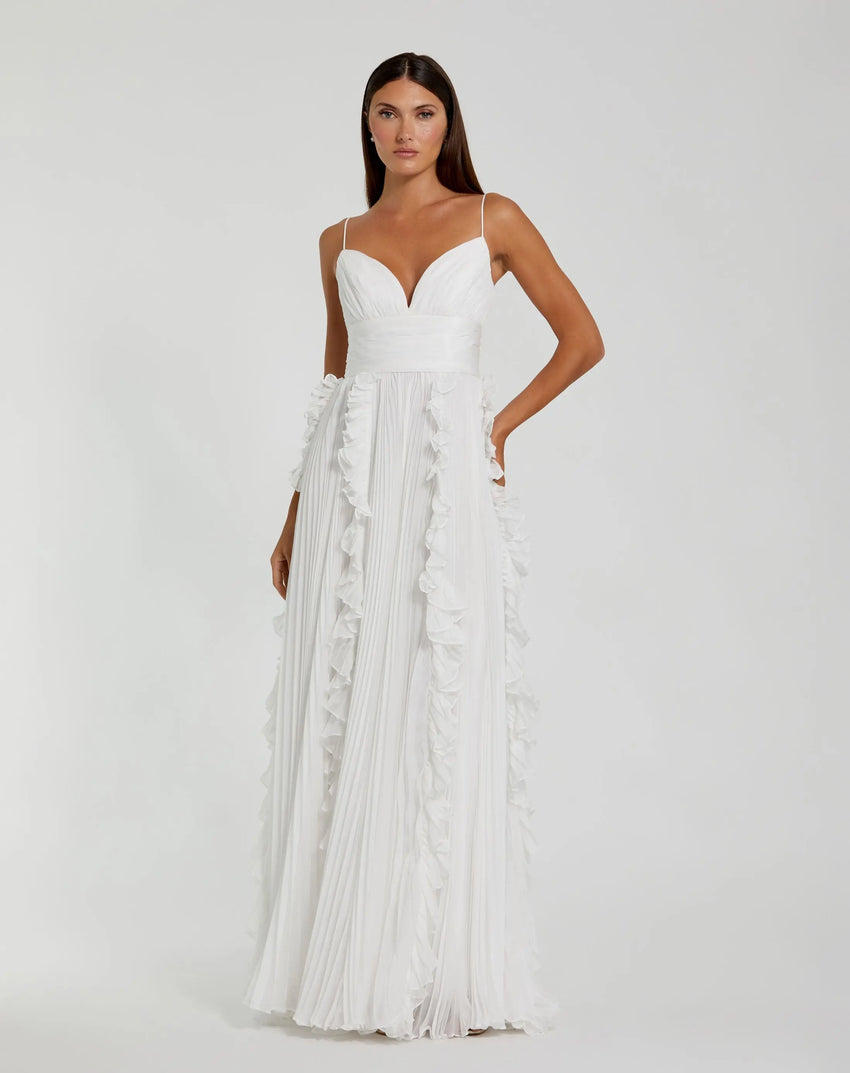 White Pleated Sleeveless Flowy Chiffon Gown
