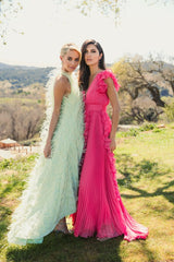 Pink Pleated Ruffle Cap Sleeve Flowy A Line Gown