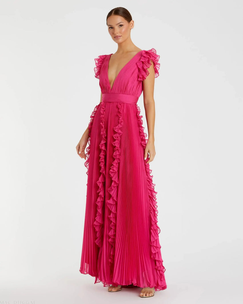 Pink Pleated Ruffle Cap Sleeve Flowy A Line Gown