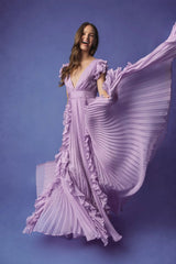 Purple Pleated Ruffle Cap Sleeve Flowy A Line Gown