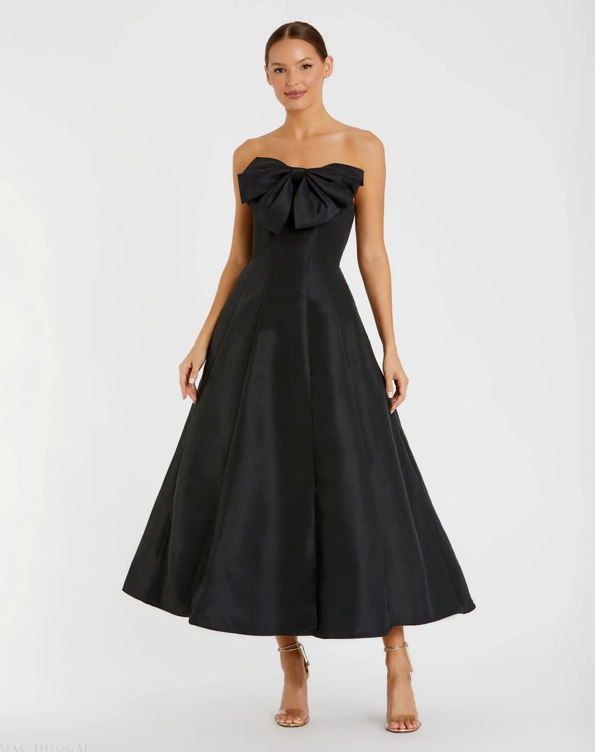 Black Strapless A-Line Tea Length Statement Bow Dress