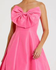 Pink Strapless A-Line Tea Length Statement Bow Dress