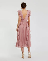 Pink Pleated Chiffon V Neck Ruffle Midi Dress